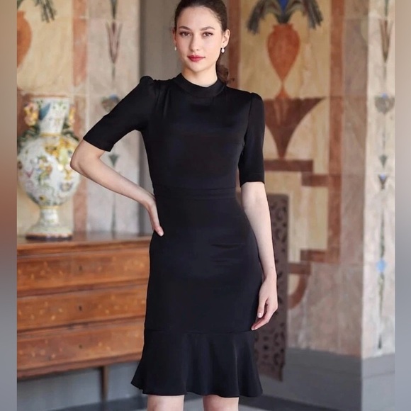 GAALA PARIS Alexane Black 100% Silk High Mock Neck MIDI Ruffle Evening Dress - Picture 17 of 17